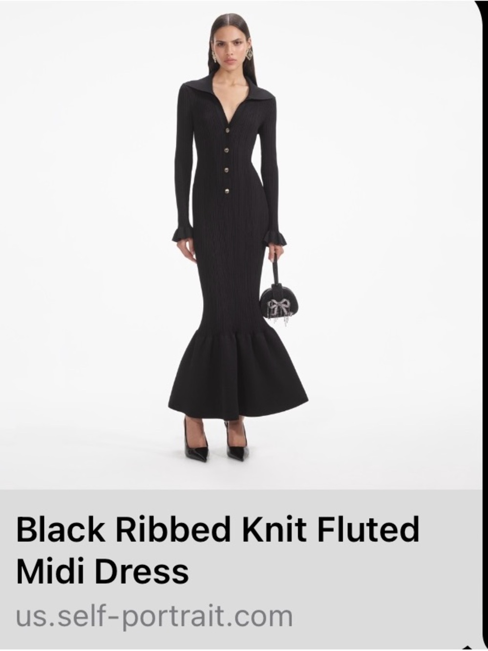 Self-Portrait Black Ribbed Knit Fluted Midi Dress $555 - Size Medium - Picture 2 of 4